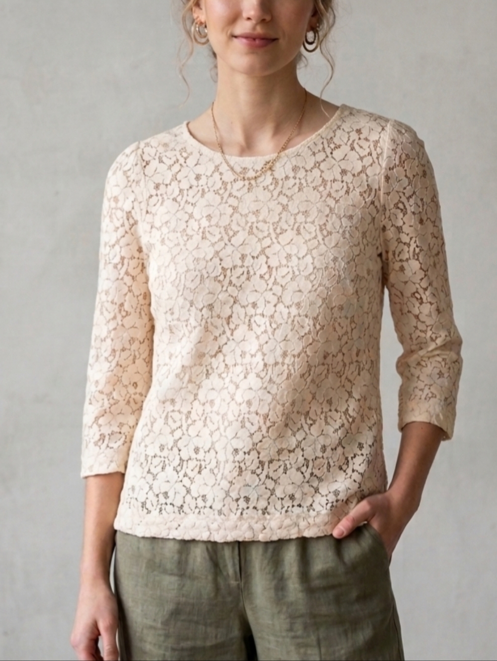 ⭐ Sz 4 Cotton Blend Light Peach Cream Lace 3/4-Sleeve Blouse Women's Top (As-Is)